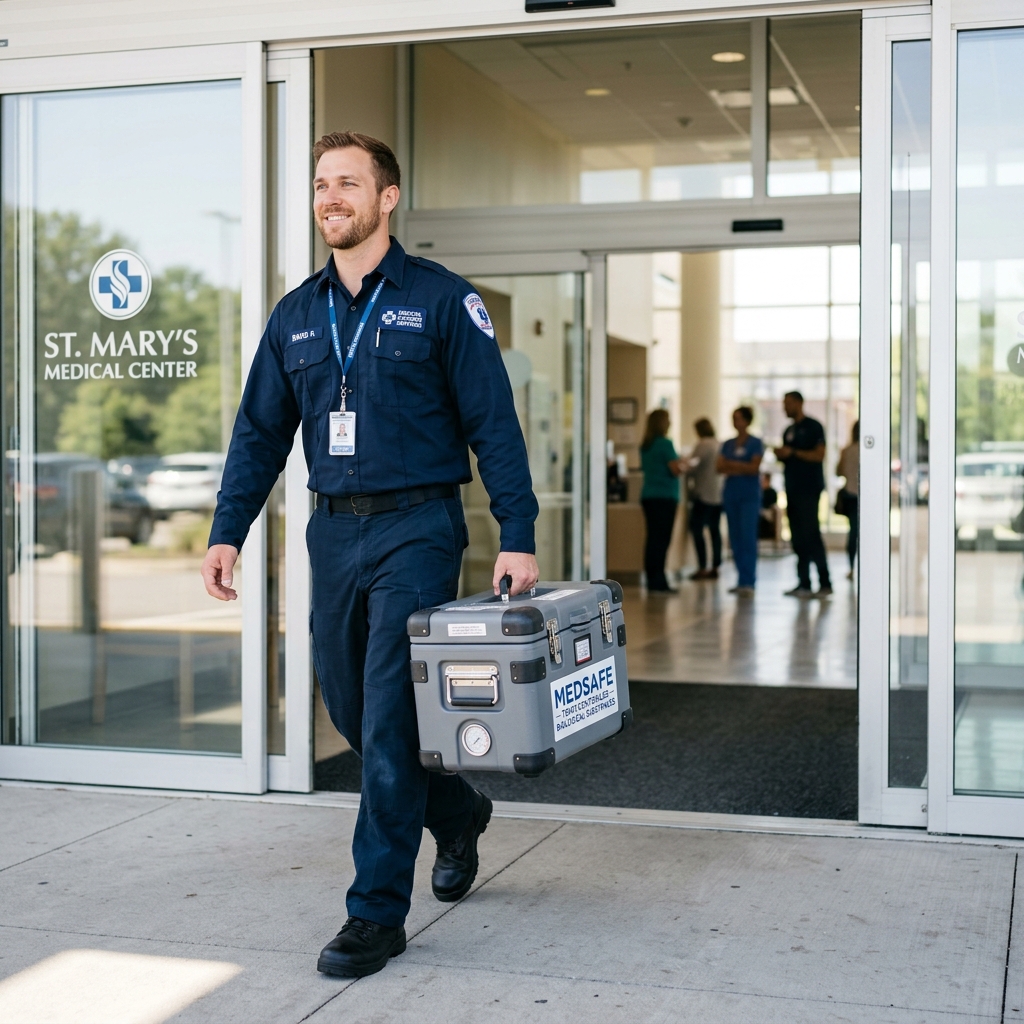 Medical courier outside modern hospital